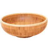 A round, light brown wooden salad bowl.