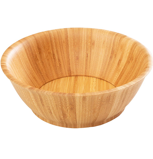 A light brown flared wooden salad bowl.