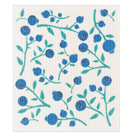 The "Blueberries" Swedish dishcloth features a design of blueberries on white background. 