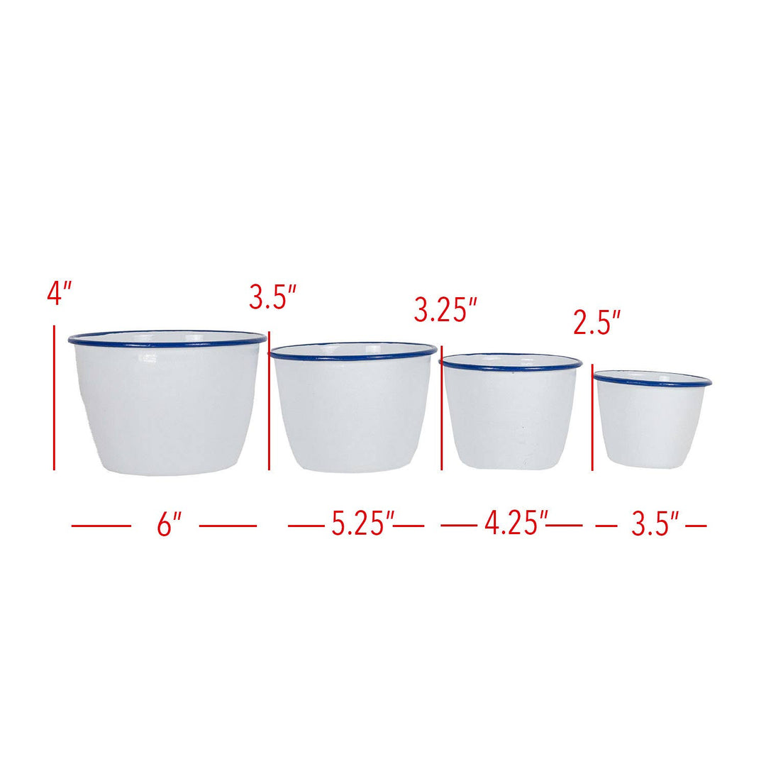 Enamelware Cache Pot, White with Cobalt Rim