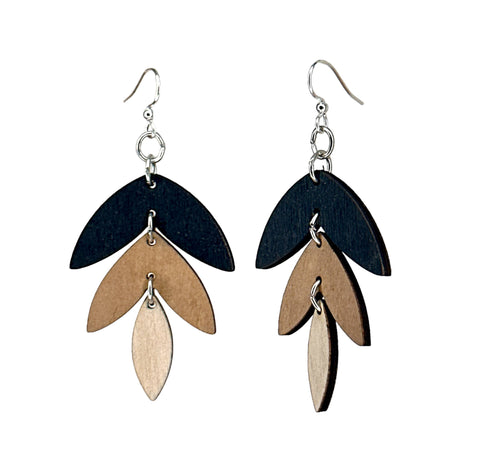 Three Piece Earrings: Black, Tan, Natural Wood