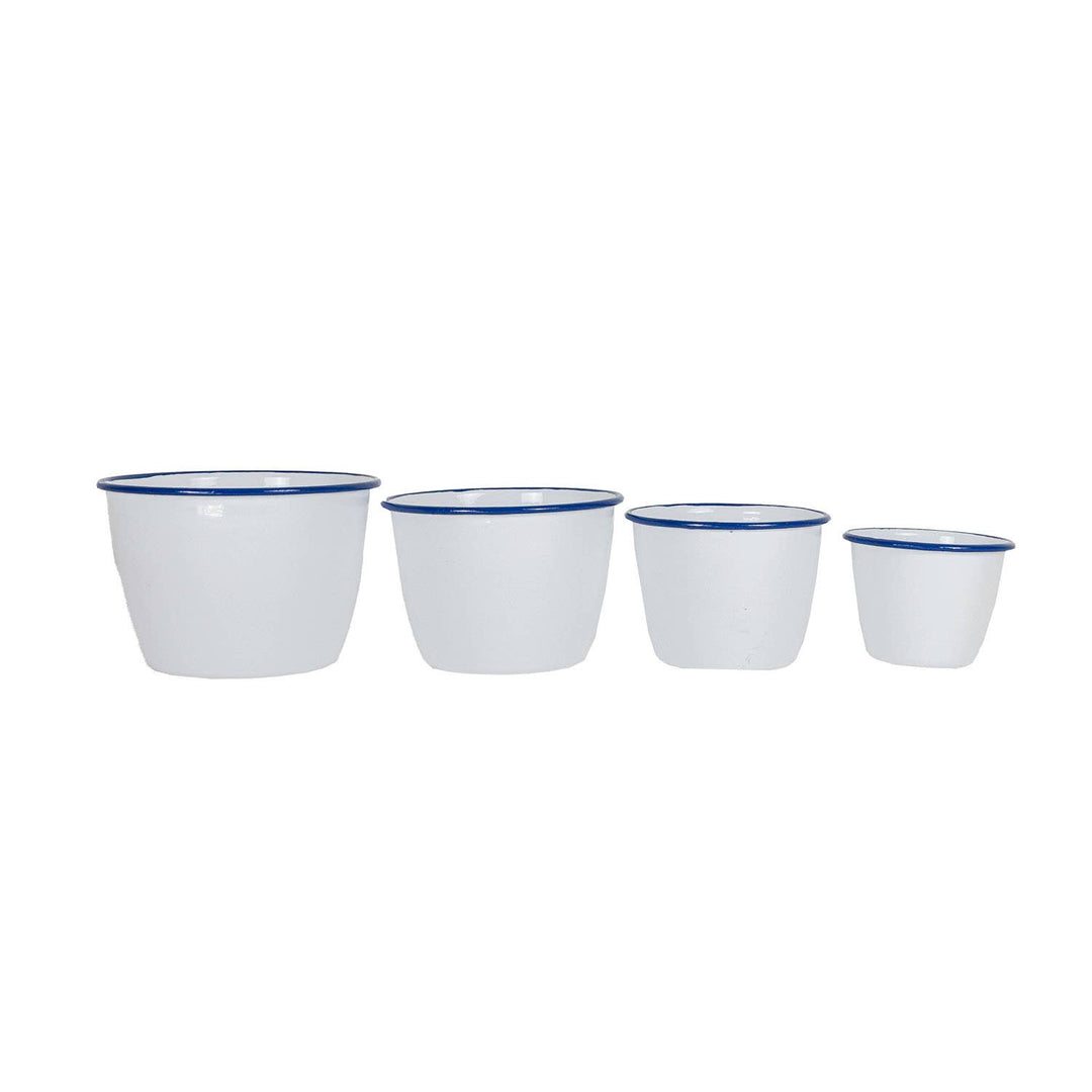 Enamelware Cache Pot, White with Cobalt Rim