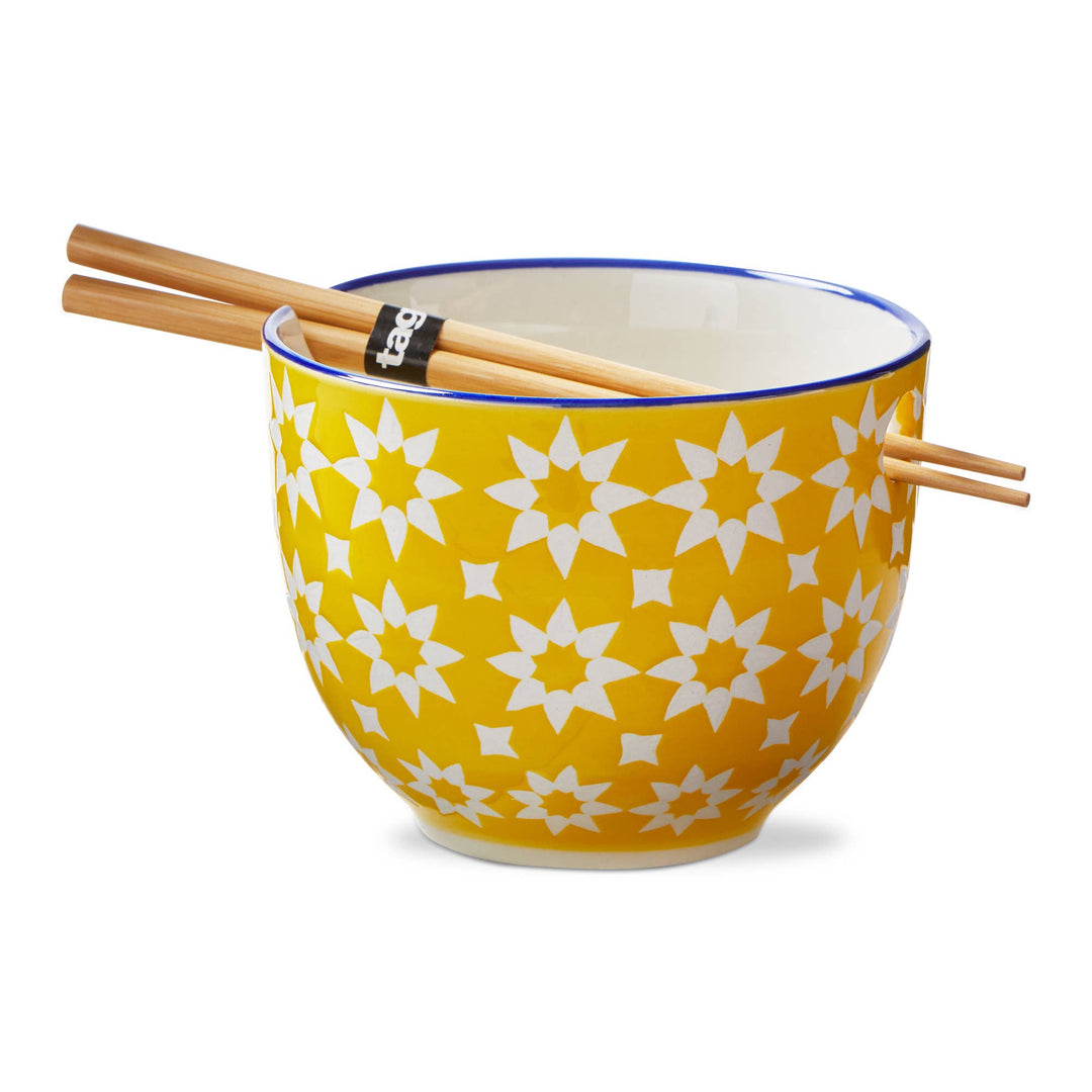 Star Yellow Stoneware Noodle Bowl w/Chopsticks