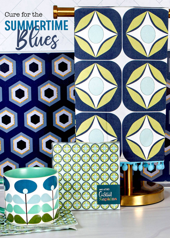 Blue Circle Mid Century Modern Geometric Tea Towel with Trim