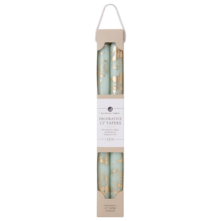 12" Decorative Taper Candles 2pk: Hunter Green w/ Gold