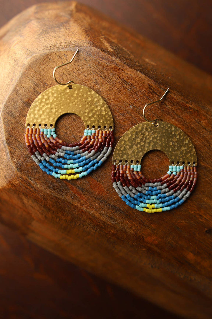 Beaded Handwoven Organic Circular Fringe Earrings (Blue)