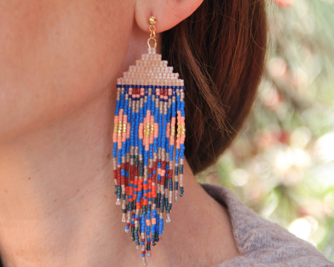 Beaded Handwoven Huipil Fringe Earrings (Ocean Sunset)