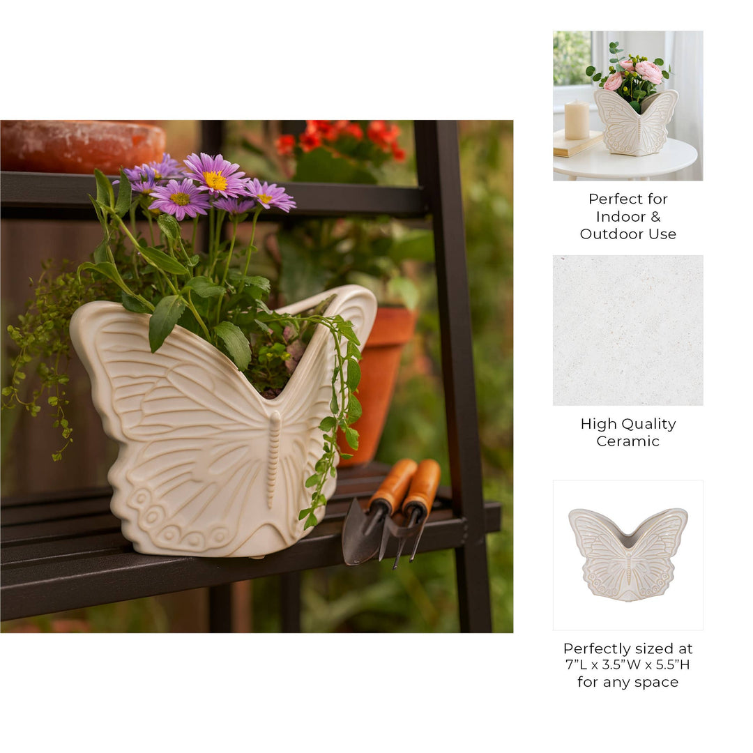 Planter - Ivory Ceramic Butterfly, 7 in.