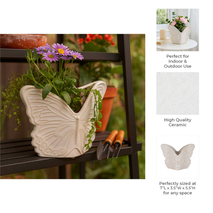 Planter - Ivory Ceramic Butterfly, 7 in.