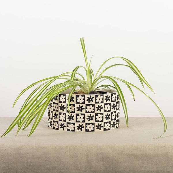 Black and White Floral Checkerboard Shallow Planter
