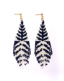 Beaded Handwoven Vine Fringe Earrings (White/Blue)