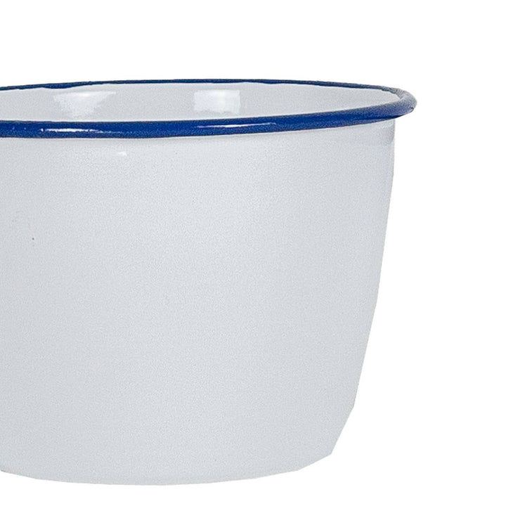Enamelware Cache Pot, White with Cobalt Rim