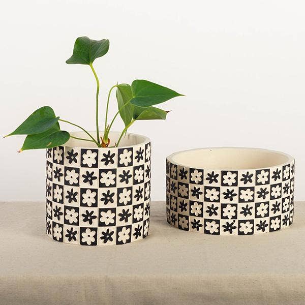 Black and White Floral Checkerboard Shallow Planter