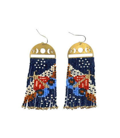 Beaded Handwoven Moonlit Moth Fringe Earrings (Indigo)