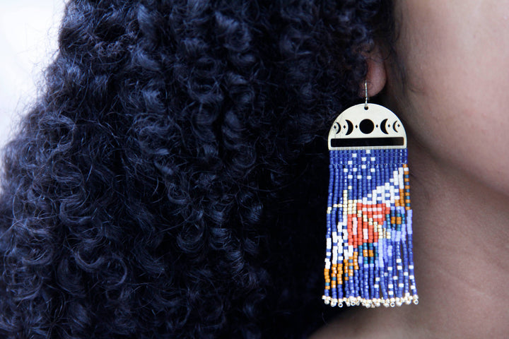 Beaded Handwoven Moonlit Moth Fringe Earrings (Indigo)