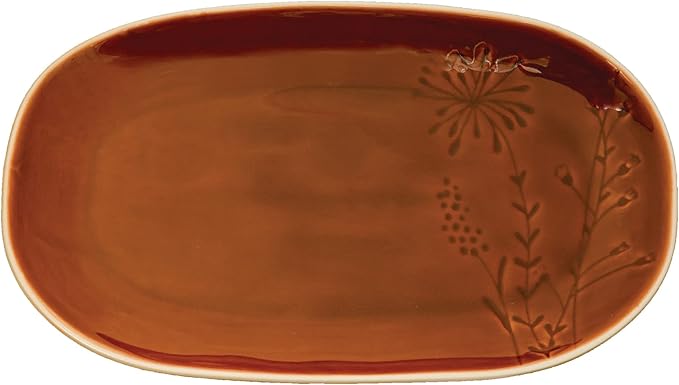 Debossed Botanical Spice Brown Glazed Stoneware Platter