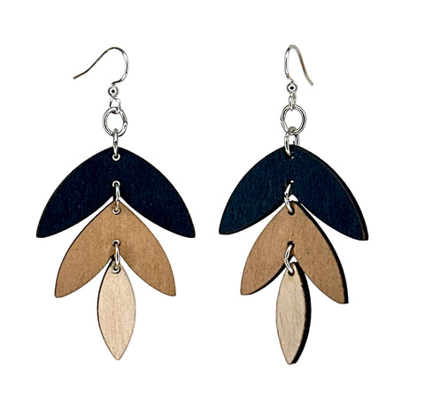 Three Piece Earrings: Black, Tan, Natural Wood
