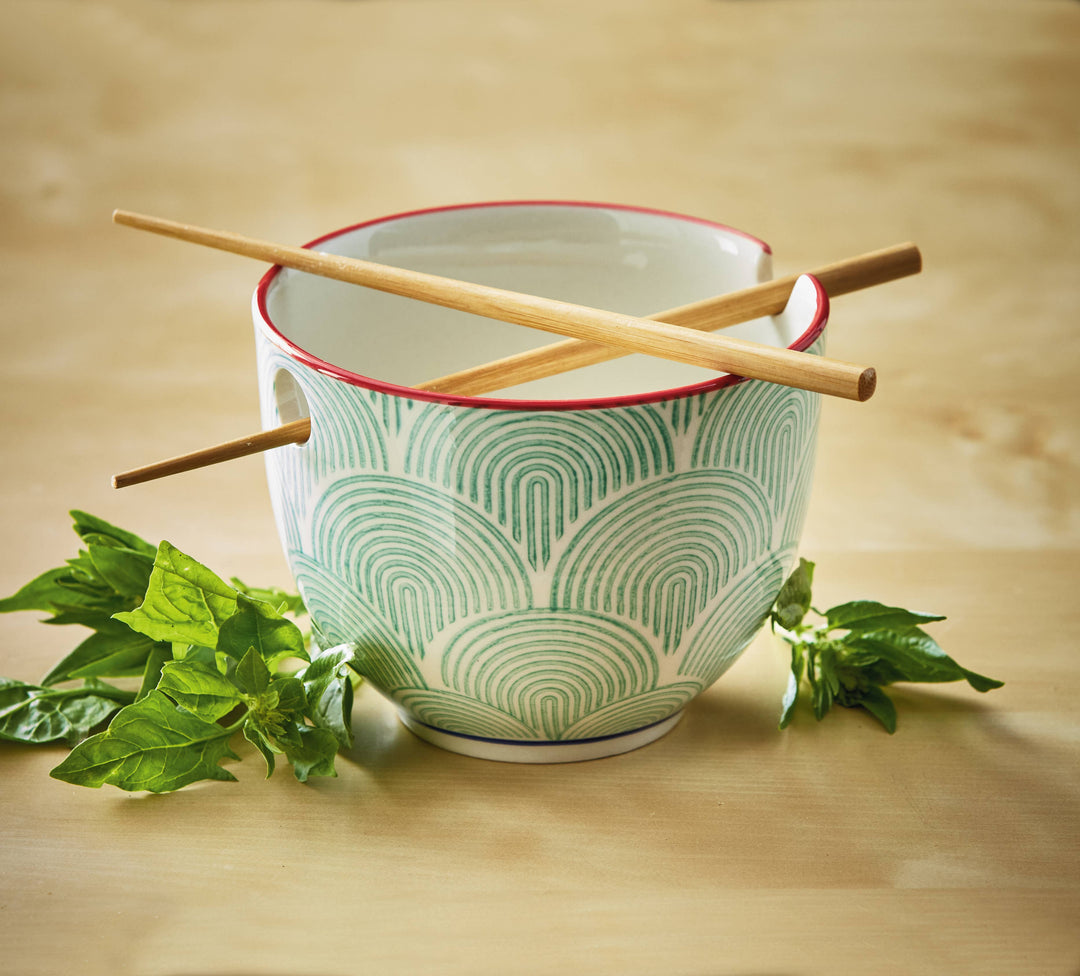 Wave Aqua Stoneware Noodle Bowl w/Chopsticks