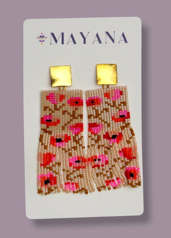 Beaded Handwoven Poppy Flower Fringe Earrings (Cream/Pink)