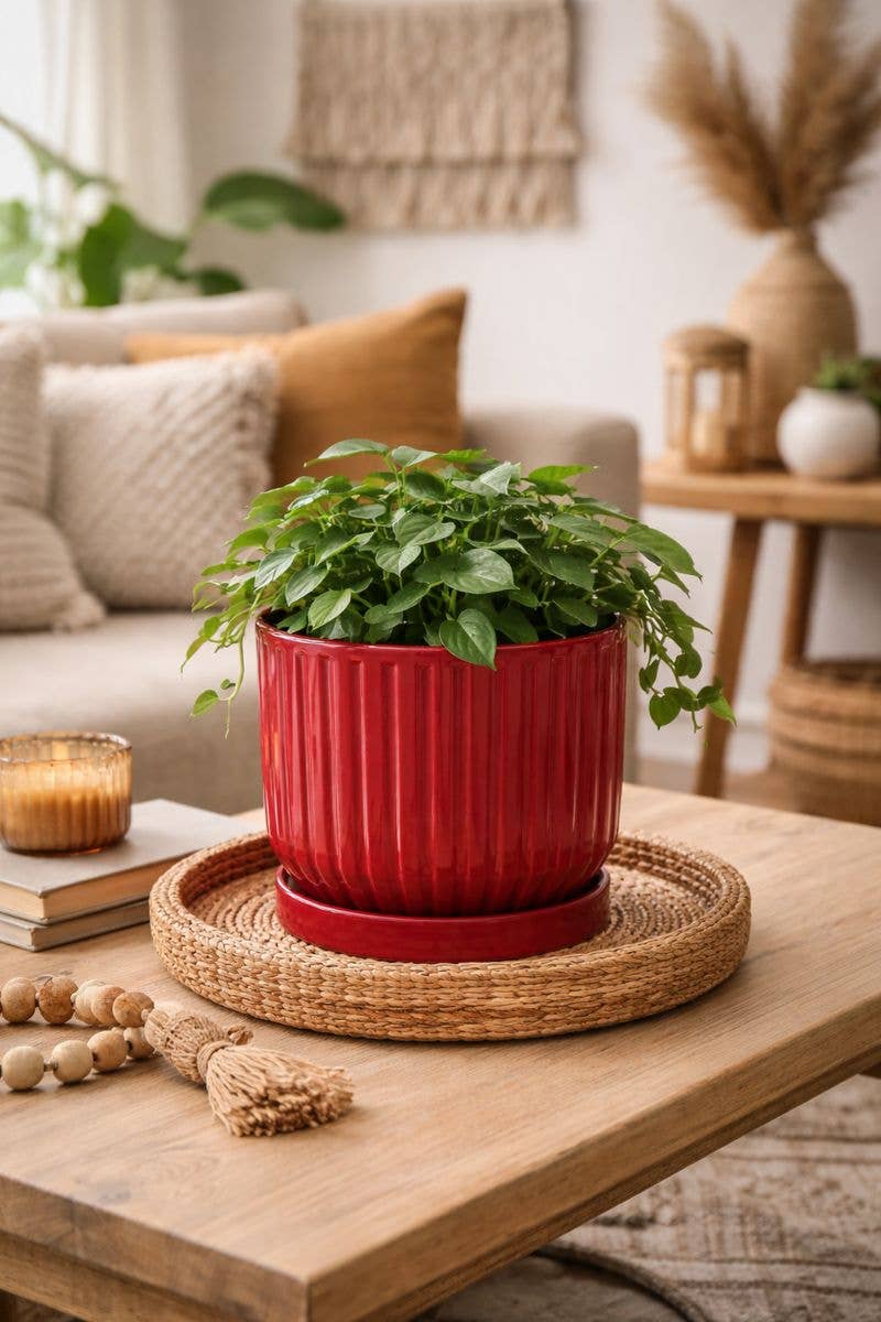 Burgundy Ribbed Planter with Saucer