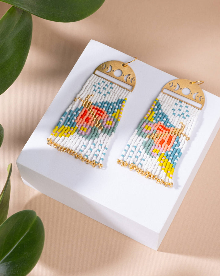 Beaded Handwoven Moonlit Moth Fringe Earrings (White)