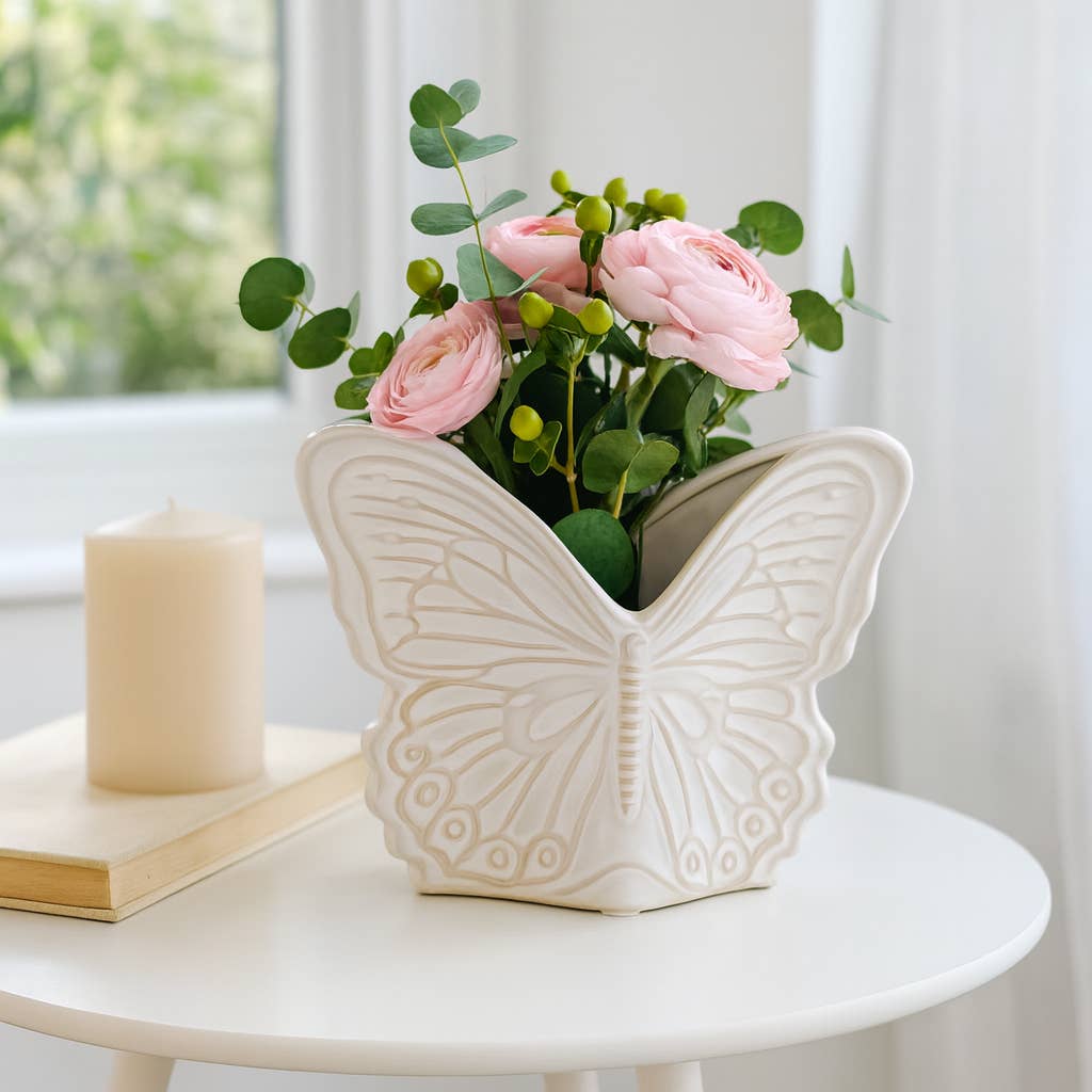 Planter - Ivory Ceramic Butterfly, 7 in.