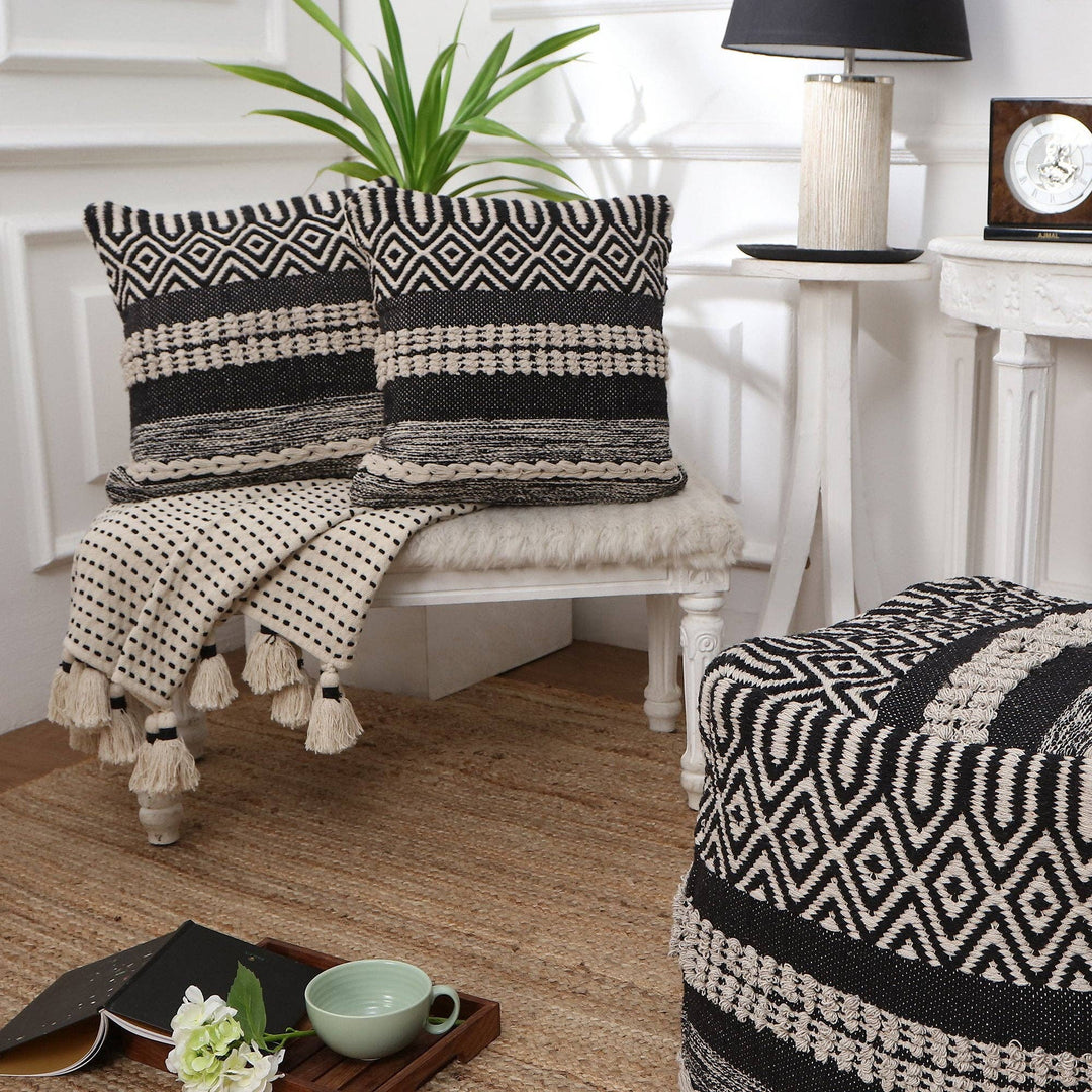 REDEARTH Textured Throw Pillows. 100% Cotton Char Delineate Black. 18" x 18"
