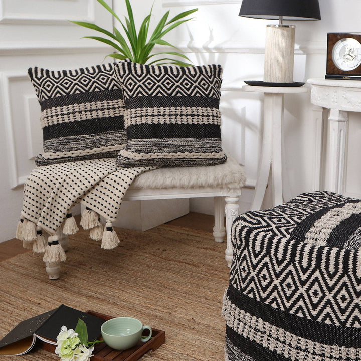 REDEARTH Textured Throw Pillows. 100% Cotton Char Delineate Black. 18" x 18"