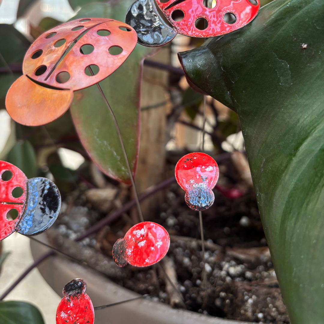 Small Copper Enamel Ladybug Plant Stake