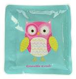 an aqua square ice pack with a pink and yellow cartoon owl in the middle with the words crocodile creek underneath it in pink