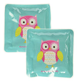 Two aqua square ice packs overlapped onto one another with a pink and yellow cartoon owl in the middle with the words crocodile creek underneath it in pink