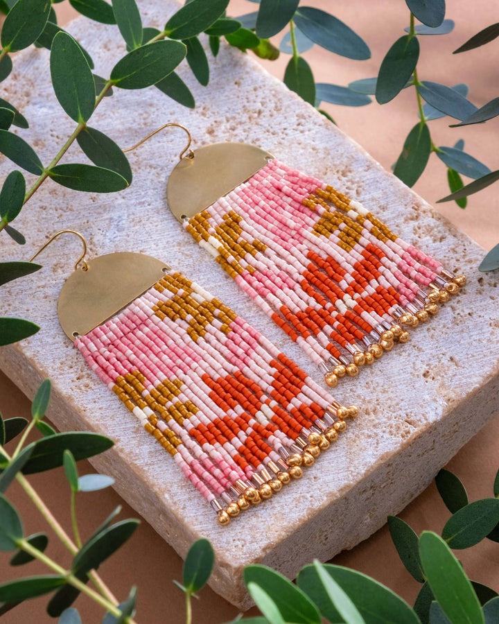 Beaded Handwoven Tropical Fringe Earrings (Pink/Mustard)