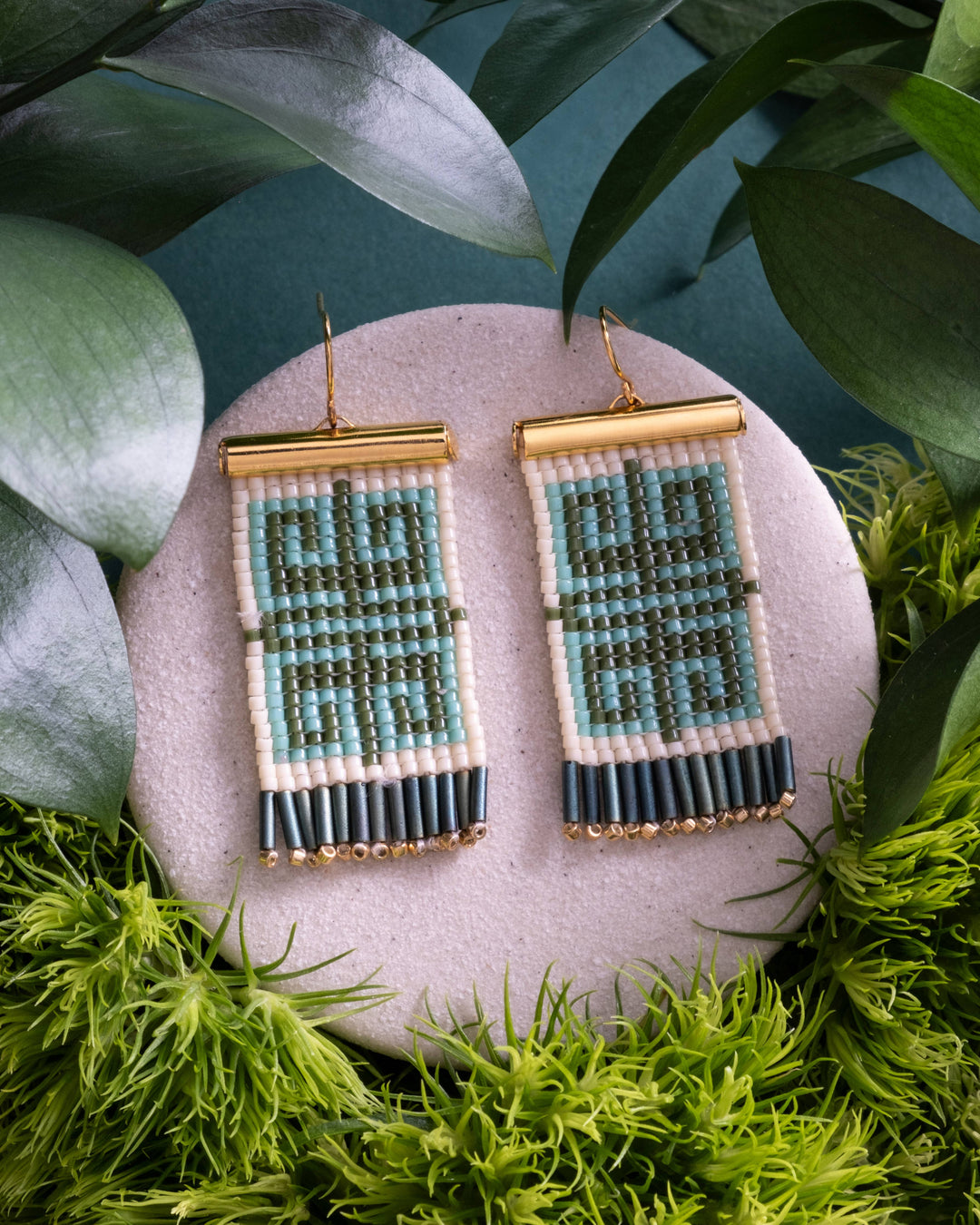 Beaded Handwoven Jungle Labyrinth Earrings (Green/Cream)