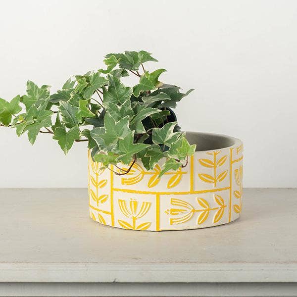 Yellow Abstract Floral Shallow Planter