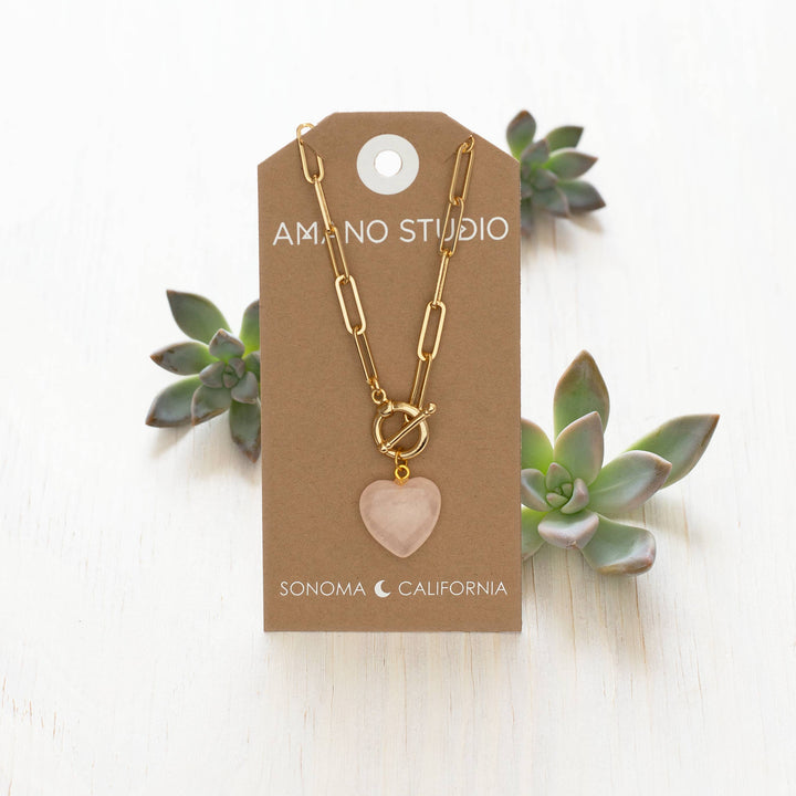Roxy Chain Toggle Clasp Heart Necklace: Rose Quartz
