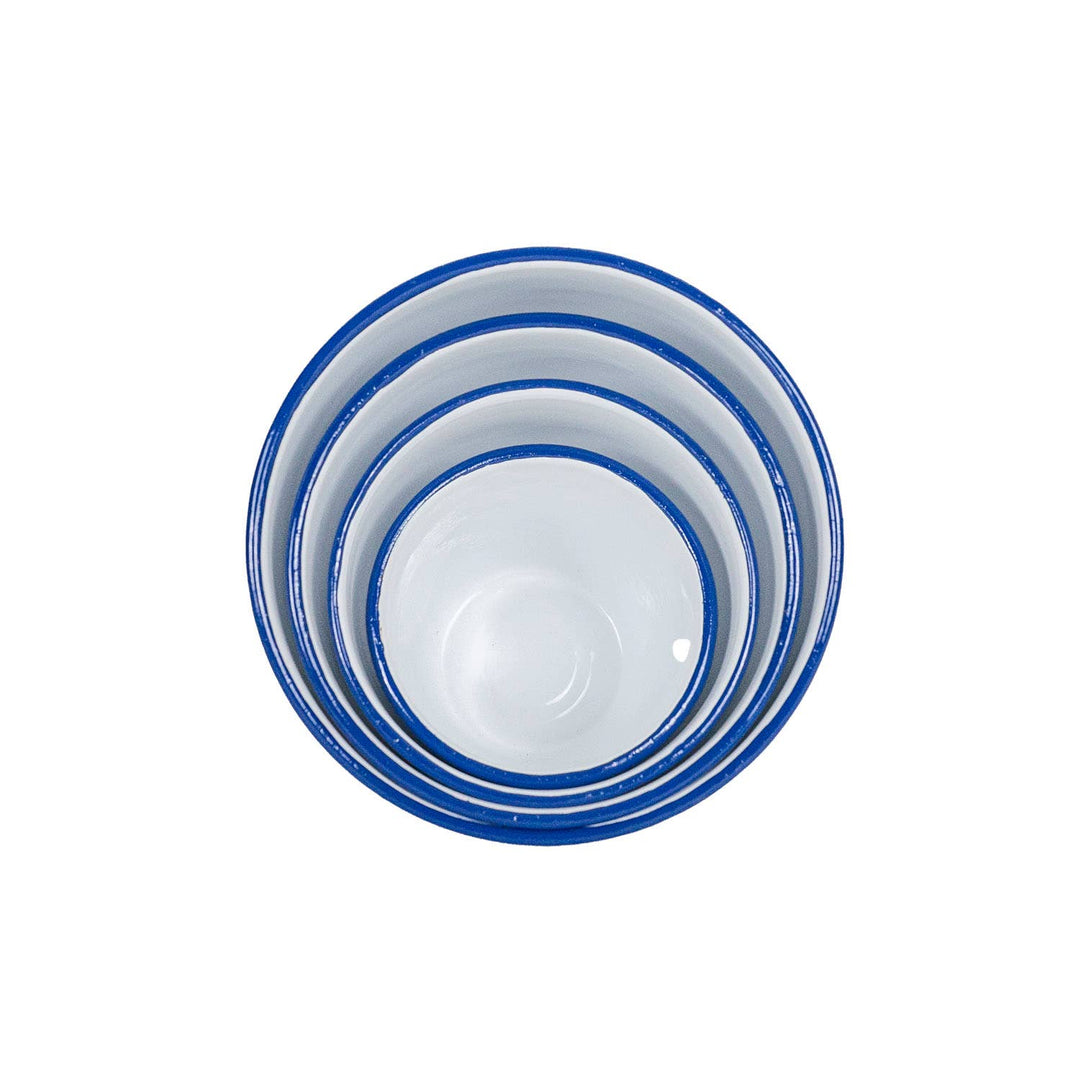 Enamelware Cache Pot, White with Cobalt Rim