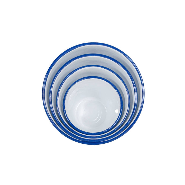 Enamelware Cache Pot, White with Cobalt Rim
