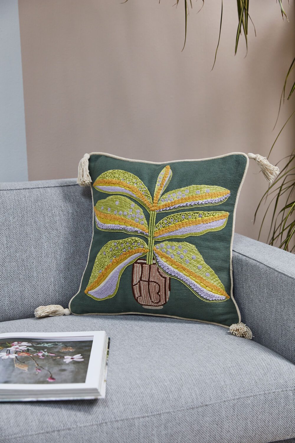 Embroidered "Thrive" Houseplant Throw Pillow 14" x 14"