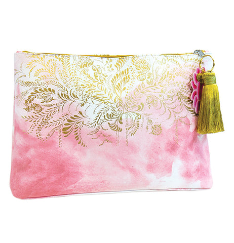 This pink watercolored pouch with a golden tassel hanging from its zipper is covered with a design of golden leaves from its top down to its middle.