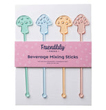 A set of plastic drink stirrers with a nub on the bottom to help you stir and mushrooms at the top for easy gripping that come in four different colors. They are semi translucent and come in pastel green, pastel blue, pastel orange, and pastel red that looks almost pink. They are shown in their packaging.