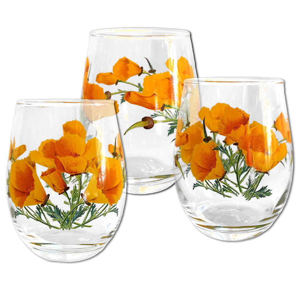 California State w/ Poppies Stemless Wine Glass