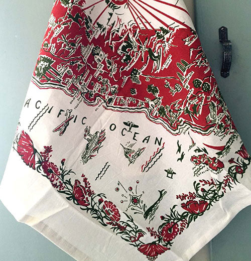 Red California Map Retro Flour Sack Kitchen Towel