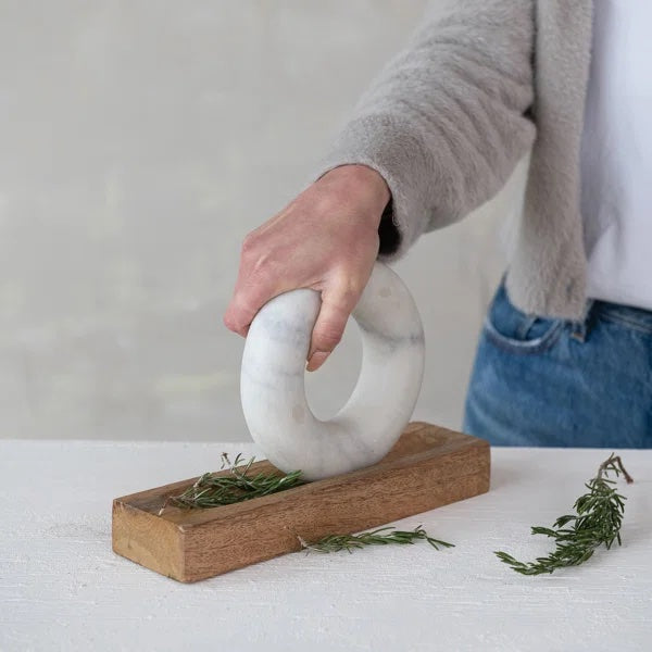 Mango Wood Mortar with Marble Ring Shaped Pestle