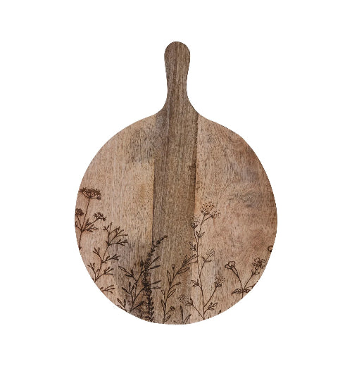 Mango Wood Cheese/Cutting Board w/ Laser Etched Botanicals &amp; Handle