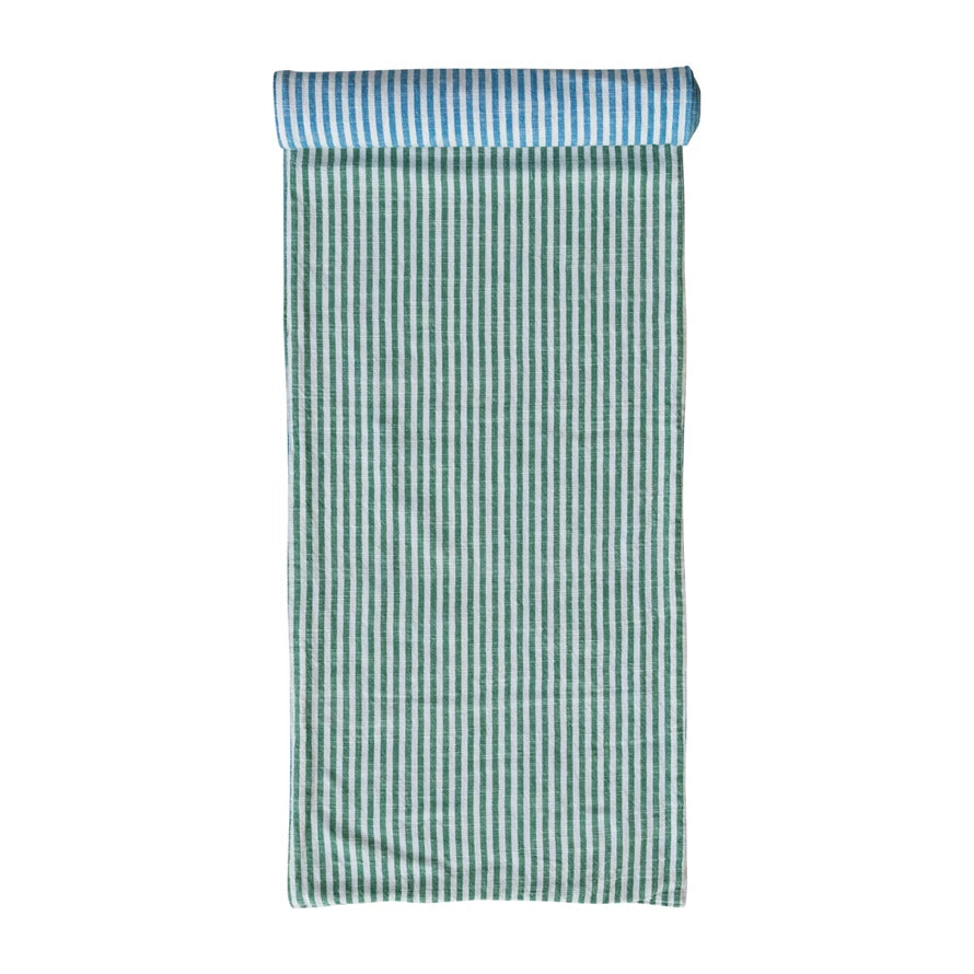 Woven Cotton Two-Sided Table Runner, Blue, Green, &amp; Natural