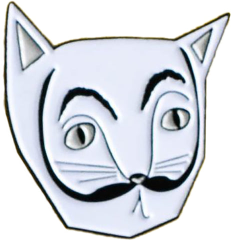 an abstract white cat pin that has very bushy eyebrows and a long mustache.