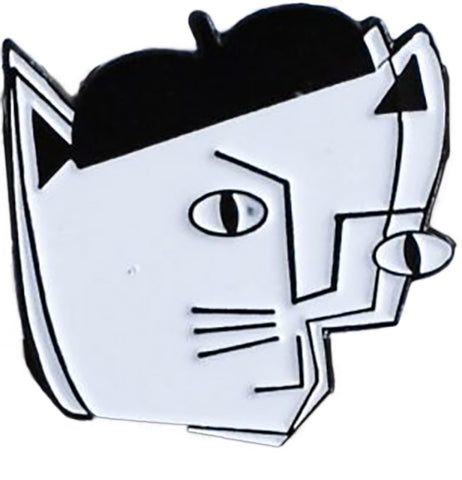 a white cat pin with a black beret. the features of the cat are sharp abstract straight lines all but the eyes which are circles.