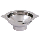 A stainless steel wide mouth canning funnel standing up on its own.