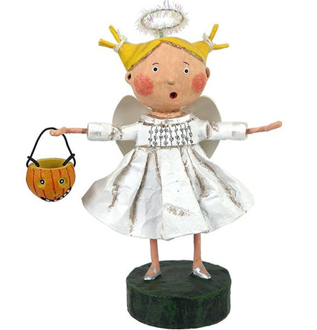 Angel Girl is ready to spread peace on earth, and collect her Halloween candy too. she's dressed like an angel with a white gown and is holding a pumpkin halloween bucket.