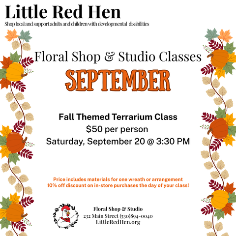 Promotional flyer for the Fall Themed Terrarium class at the Little Red Hen Floral shop Saturday, September 20 @ 3:30pm.